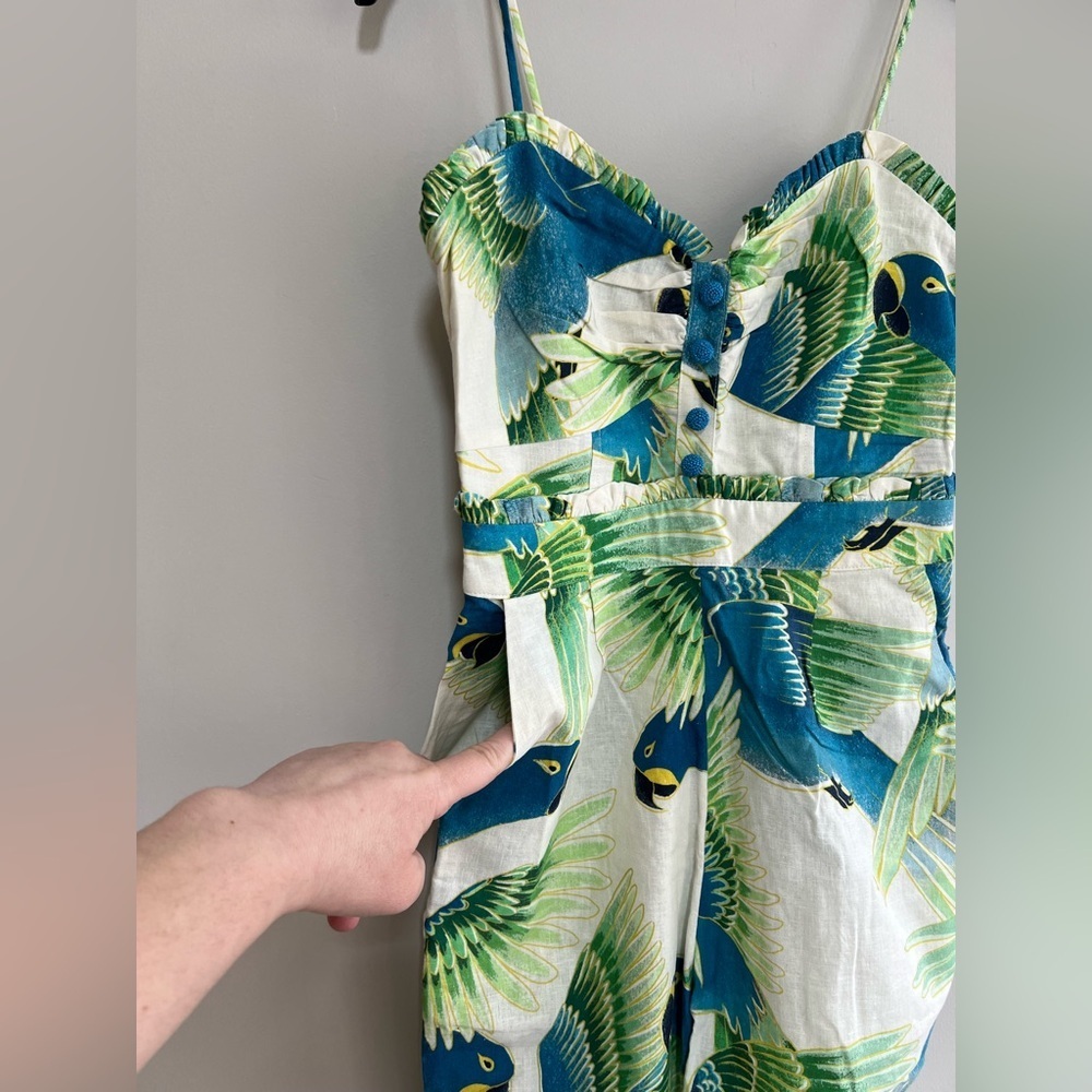 FARM Rio NWT Araras Parrot Print Smocked Linen Relaxed Fit White Jumpsuit, XS - Picture 7 of 14